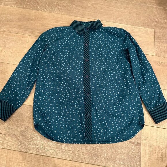 MATILDA JANE BOYS TEAL BLUE CHRISTMAS LONG SLEEVE BUTTON DOWN SHIRT SIZE 8 - Picture 1 of 10